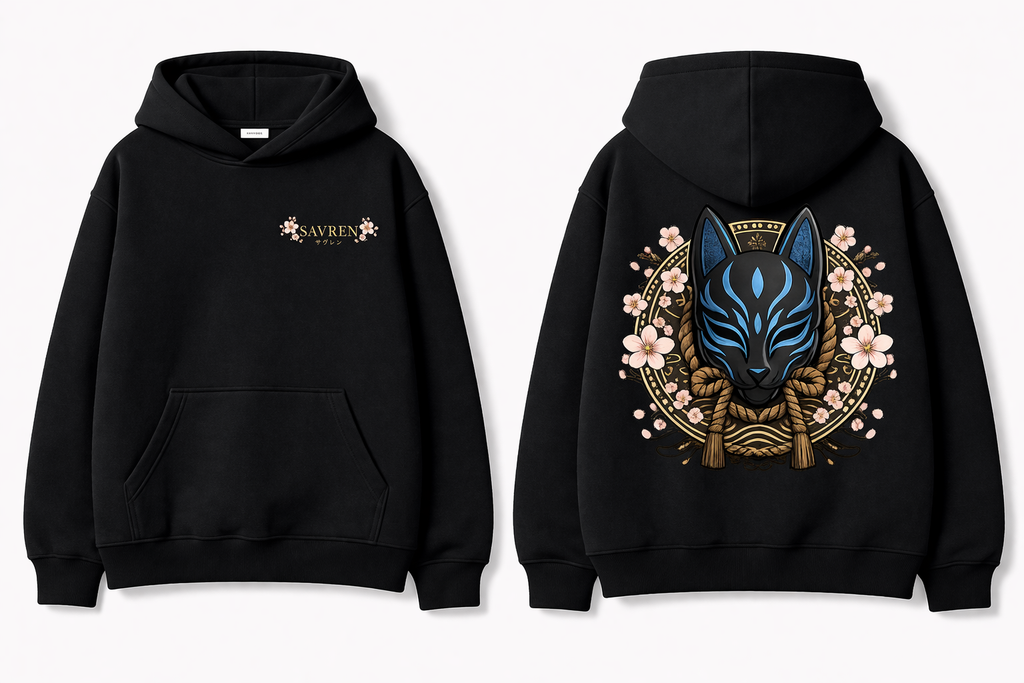 Kitsune Streetwear Hoodie black with blue logo