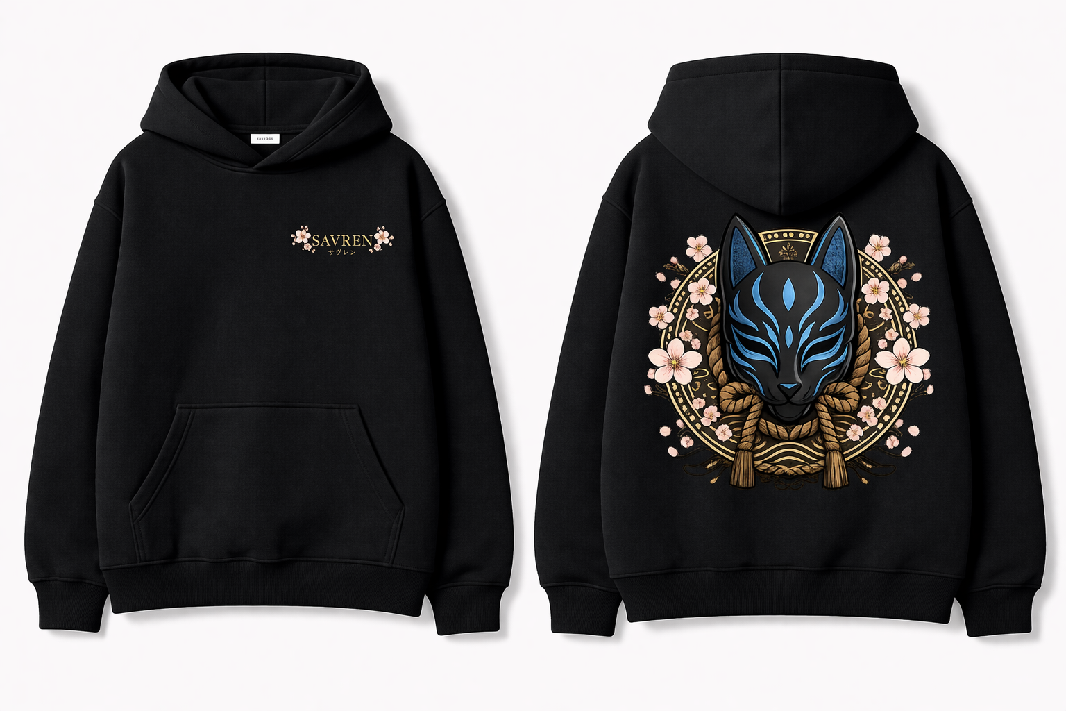 Kitsune Streetwear Hoodie black with blue logo